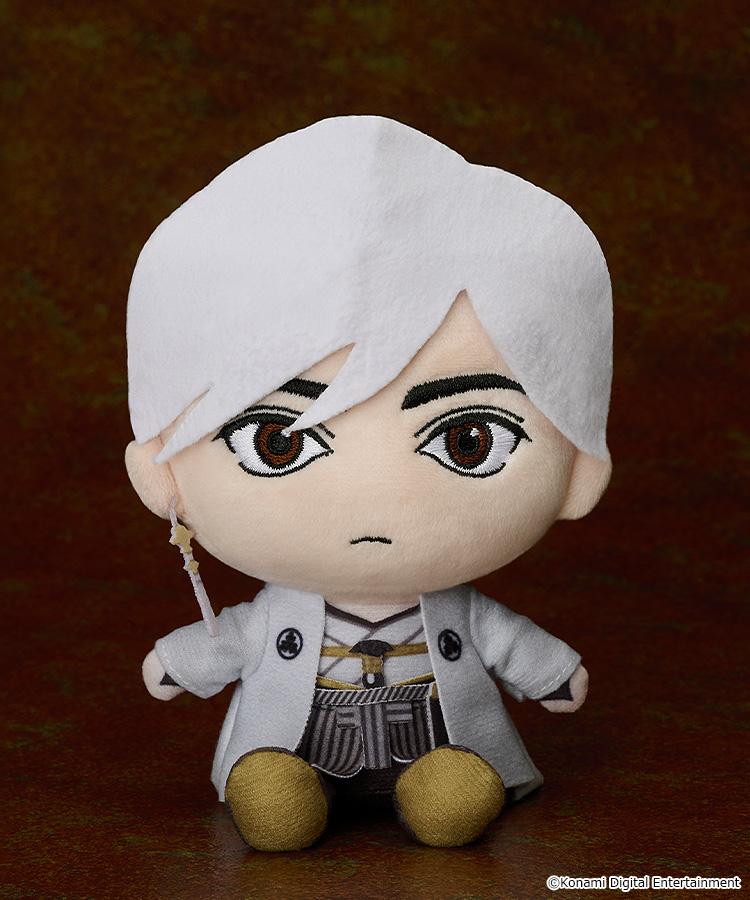 Fox Mask plushie with the mask removed, revealing the character's face with white hair and brown eyes.