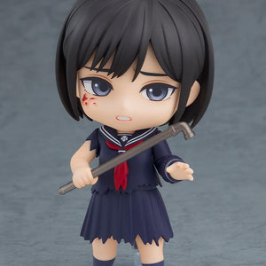 Silent Hill f Hinako Shimizu Nendoroid figure featuring a blood-splattered angry face plate while holding an iron pipe in a battle stance.