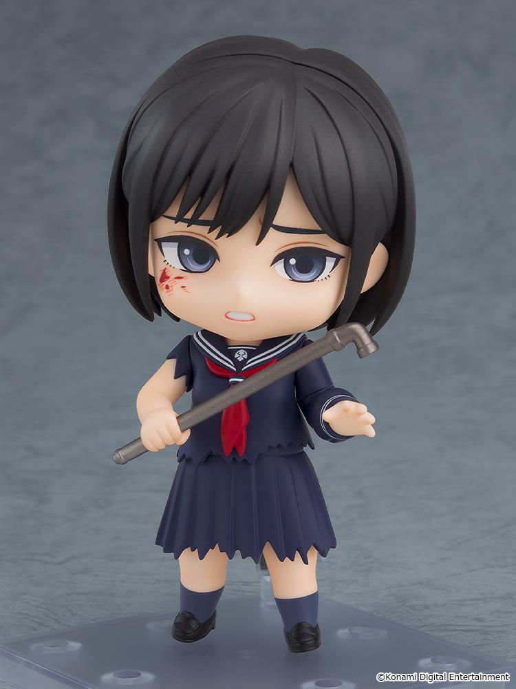 Silent Hill f Hinako Shimizu Nendoroid figure featuring a blood-splattered angry face plate while holding an iron pipe in a battle stance.
