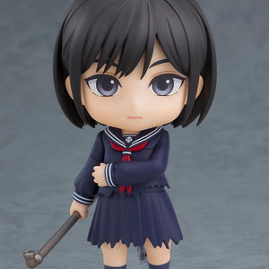 Full-length view of the Hinako Shimizu Nendoroid figure with her default expressionless face plate standing on a clear display base.