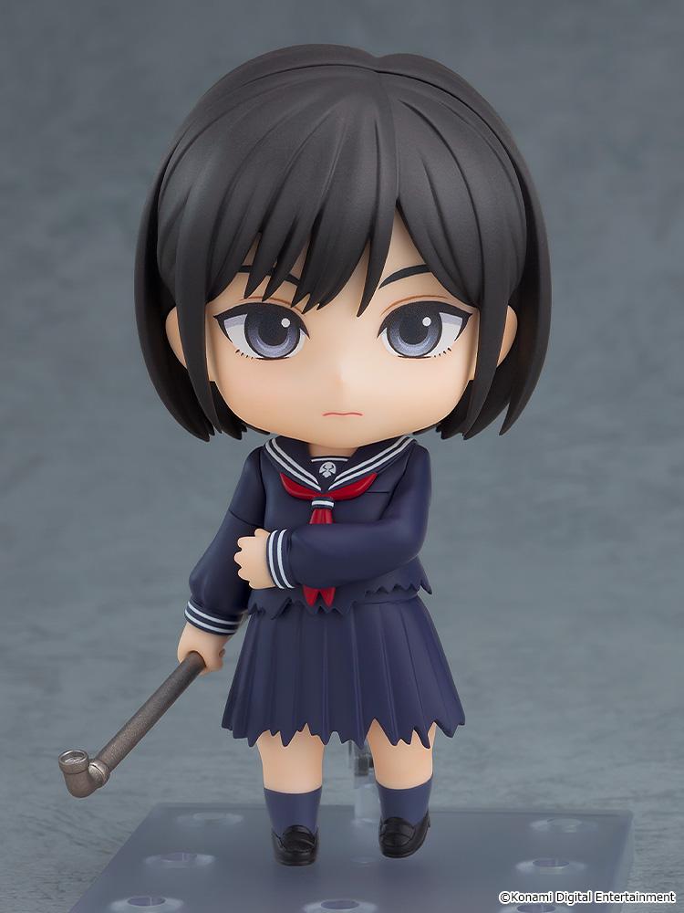 Full-length view of the Hinako Shimizu Nendoroid figure with her default expressionless face plate standing on a clear display base.