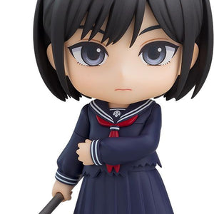 Front view of the Silent Hill f Hinako Shimizu Nendoroid figure in her dark blue Japanese sailor school uniform holding an iron pipe weapon isolated on a white background.