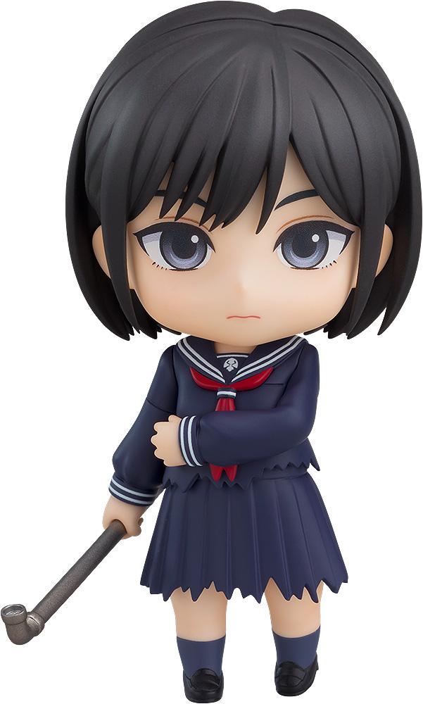 Front view of the Silent Hill f Hinako Shimizu Nendoroid figure in her dark blue Japanese sailor school uniform holding an iron pipe weapon isolated on a white background.