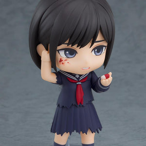 Hinako Shimizu Nendoroid figure with blood splatter on her cheek holding a red and white medicine capsule accessory.
