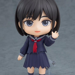 Hinako Shimizu Nendoroid figure displaying a gentle smiling face plate while raising her left hand in a waving gesture.