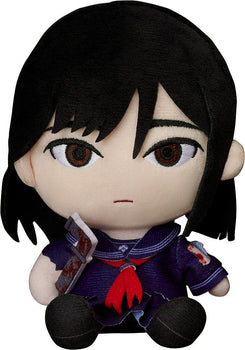 Front view of the Hinako Shimizu plushie from Silent Hill f, featuring black hair and a dark blue school uniform with a red scarf.