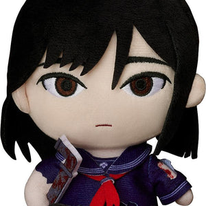 Front view of the Hinako Shimizu plushie from Silent Hill f, featuring black hair and a dark blue school uniform with a red scarf.