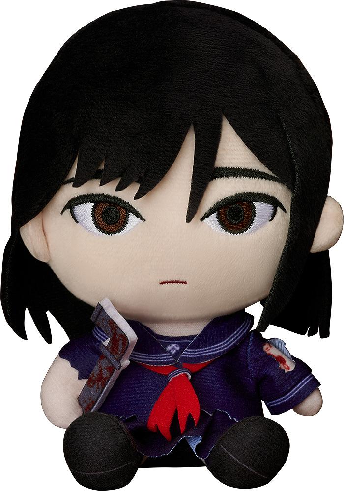 Front view of the Hinako Shimizu plushie from Silent Hill f, featuring black hair and a dark blue school uniform with a red scarf.