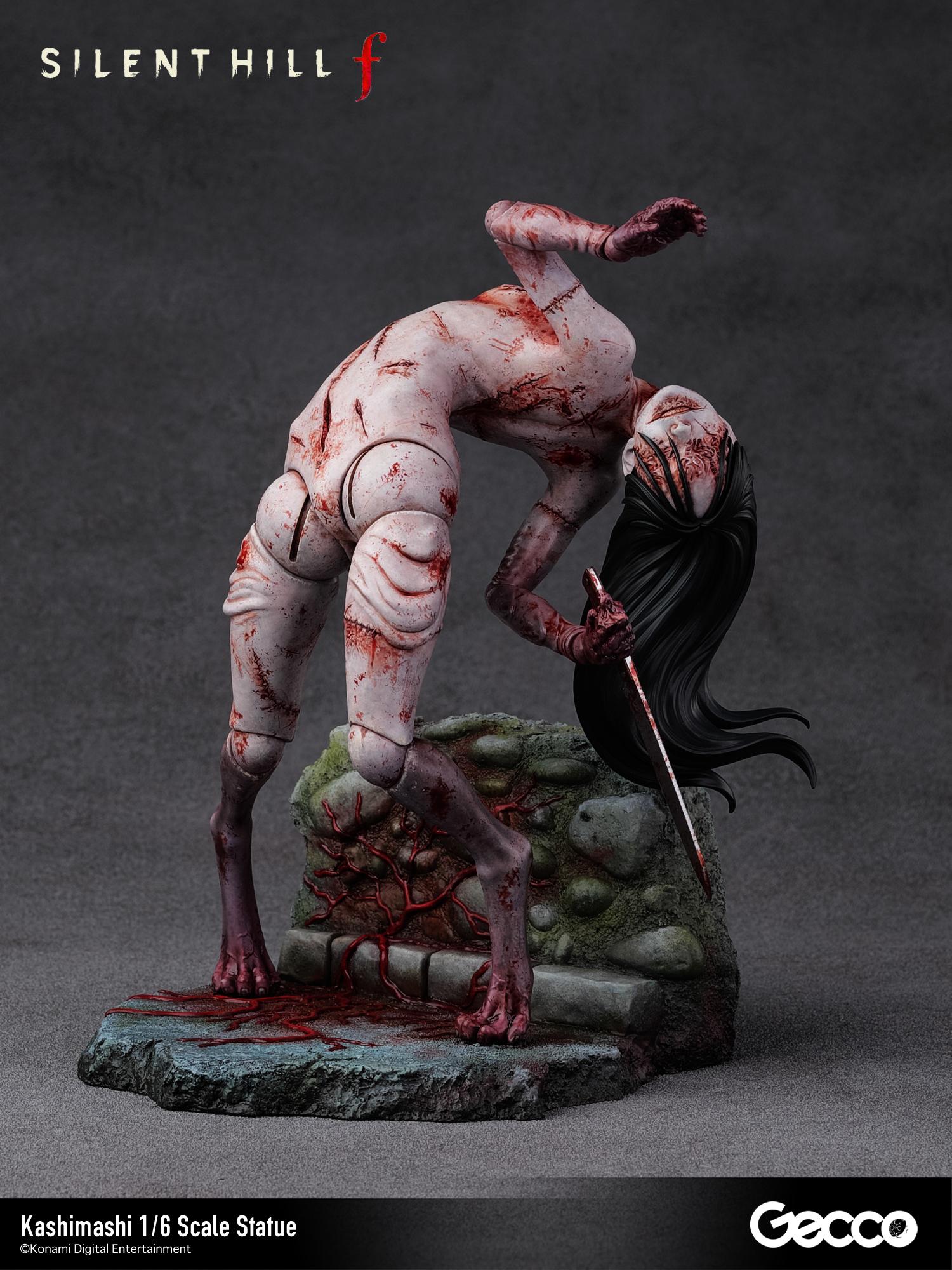 Full front view of the Silent Hill f Kashimashi 1/6 scale statue by Gecco, featuring a twisted humanoid creature with a creepy grin and long black hair on a back alley base.