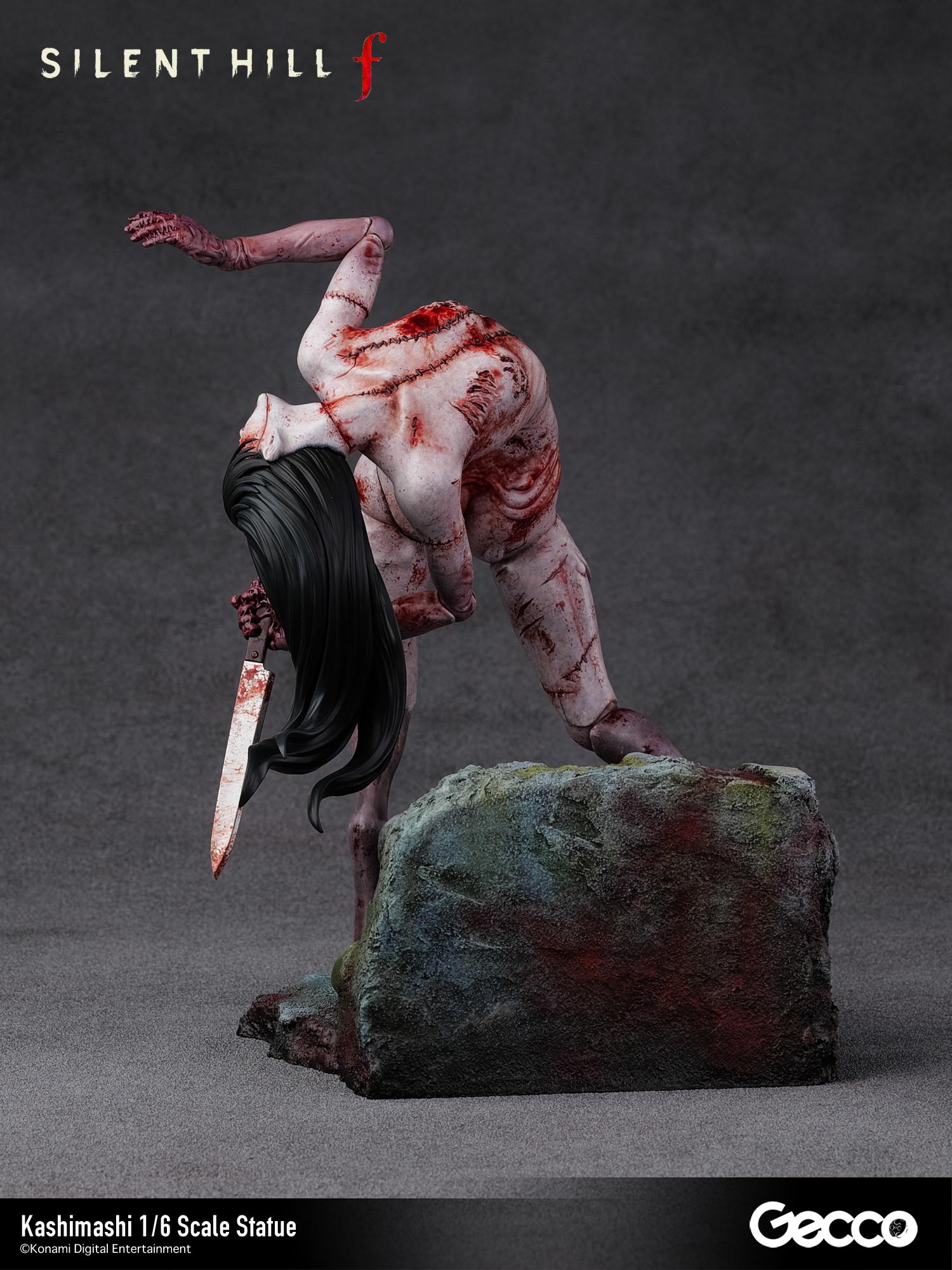 Full back view of the Kashimashi figure showing the detailed polystone textures of the skin and the 1960s Japanese back alley base.