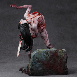 Full back view of the Kashimashi figure showing the detailed polystone textures of the skin and the 1960s Japanese back alley base.