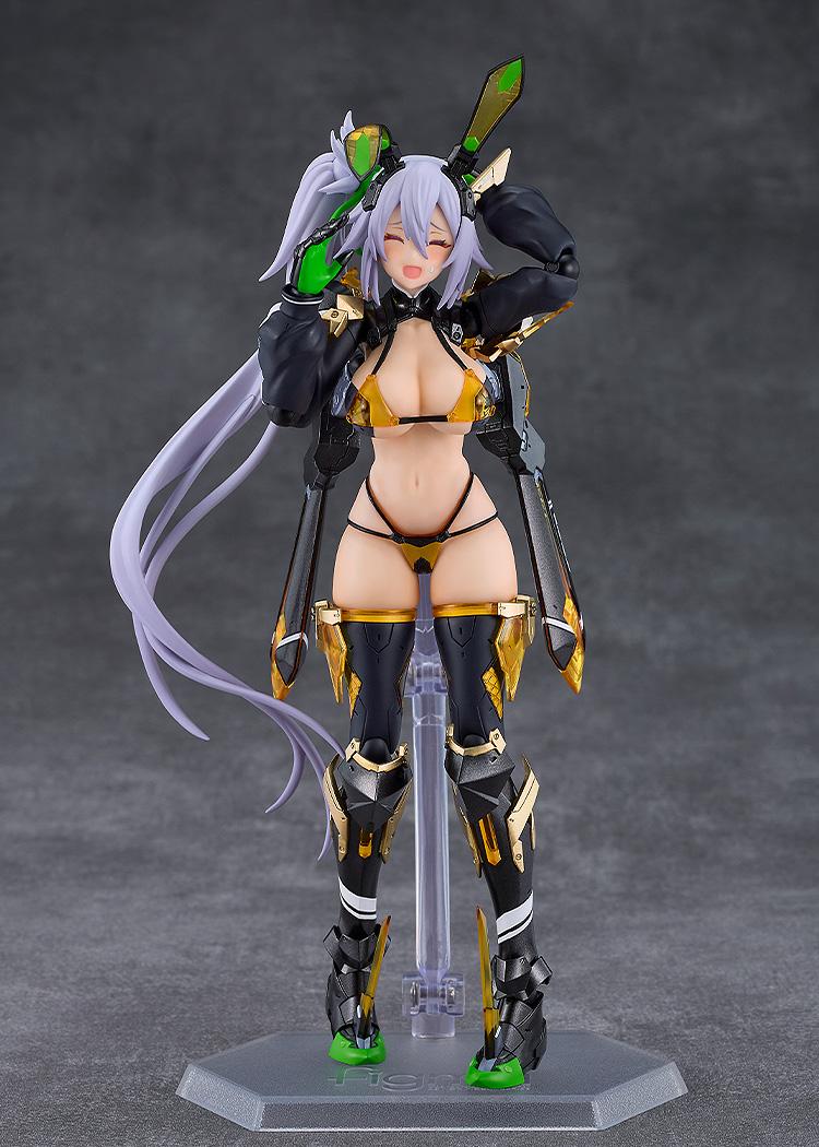 Standing pose of the Silva Barrelline figma figure showcasing her embarrassed blushing face plate option with her hand on her head.