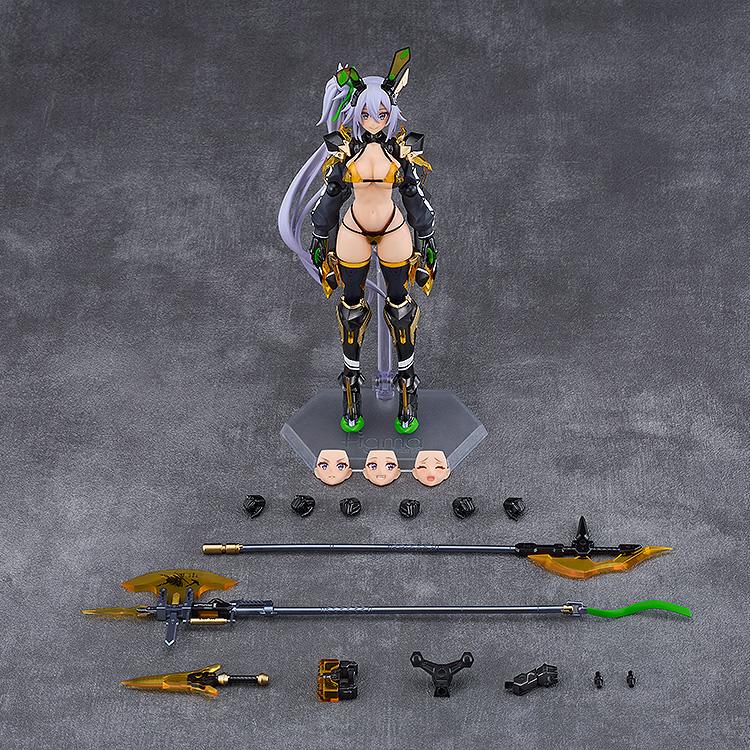 Overhead flat lay shot displaying the Silva Barrelline figma figure alongside all interchangeable face plates, weapon parts, hands, and display stand.