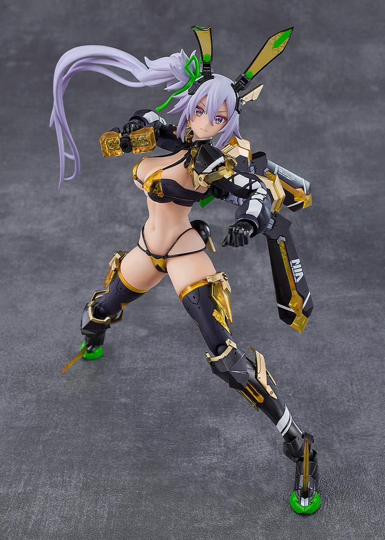 Action pose of the Silva Barrelline figma figure using an angry face expression while aiming her Photon C cestus arm-mounted weapon.