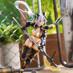 Dynamic charging action pose of the Silva Barrelline figma figure thrusting her halberd forward inside a garage workshop diorama.