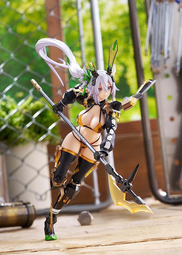 Dynamic charging action pose of the Silva Barrelline figma figure thrusting her halberd forward inside a garage workshop diorama.