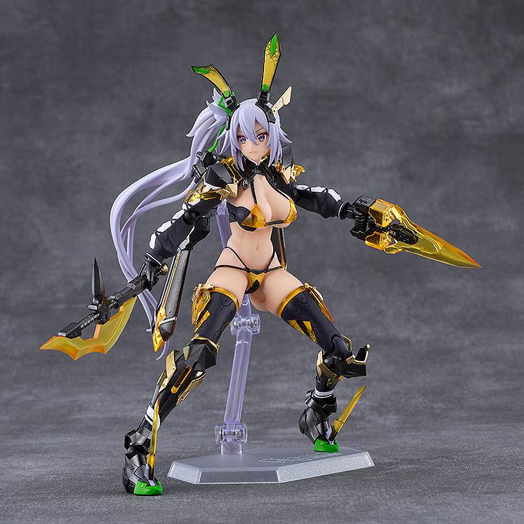 Low battle crouch pose of the Silva Barrelline figma action figure dual-wielding translucent yellow energy blades.