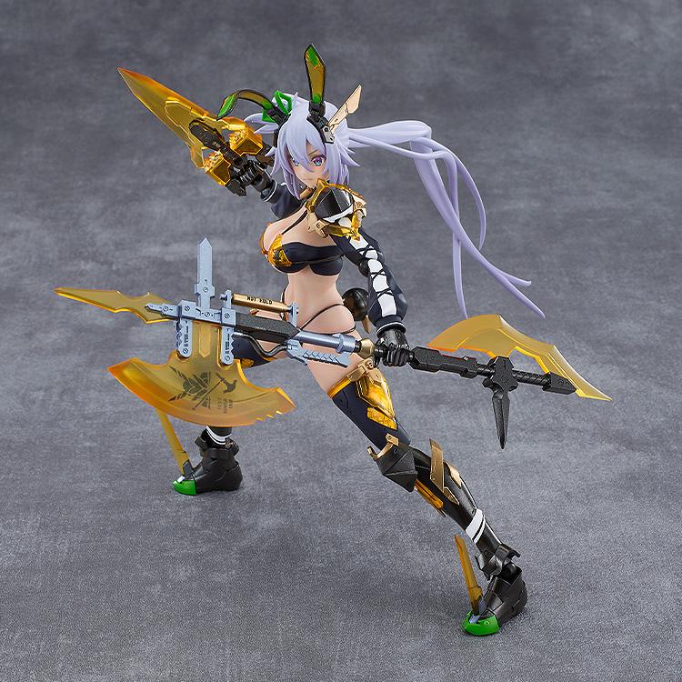 Wide combat stance of the Silva Barrelline figma figure wielding a modular golden axe and hand dagger.