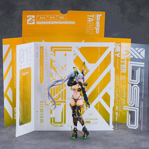 Silva Barrelline figma figure displayed standing in front of the included yellow and white futuristic graphic background sheet.