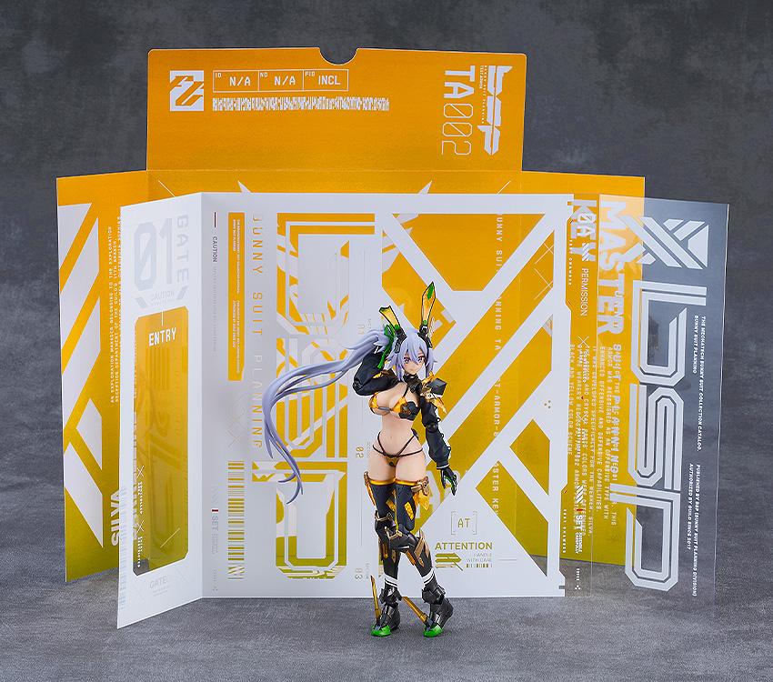 Silva Barrelline figma figure displayed standing in front of the included yellow and white futuristic graphic background sheet.