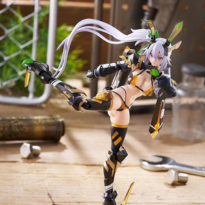 High-kick combat action pose of the Silva Barrelline figma figure balancing on one leg in a realistic workshop setting.