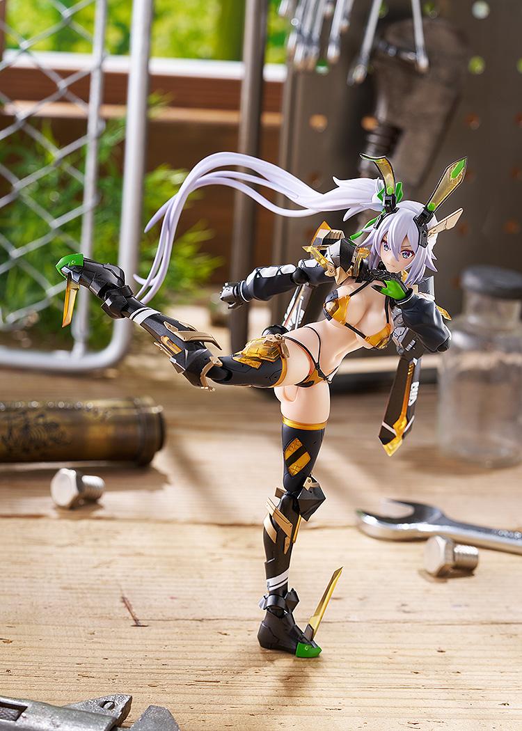 High-kick combat action pose of the Silva Barrelline figma figure balancing on one leg in a realistic workshop setting.