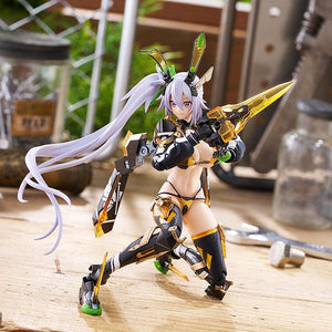 Kneeling action shot of the Silva Barrelline figma figure aiming her Photon C cestus weapon across a wooden table.