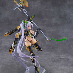 Mid-air dynamic action pose of the Silva Barrelline figma figure holding her Photon C halberd high using a clear articulated display stand.
