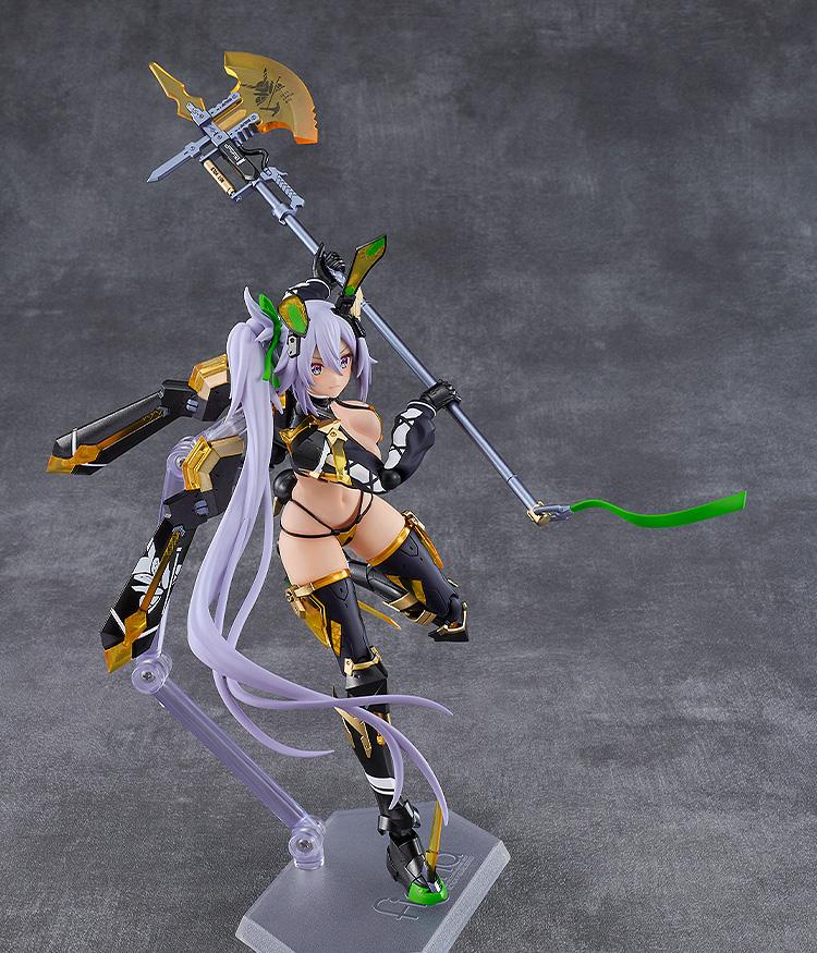 Mid-air dynamic action pose of the Silva Barrelline figma figure holding her Photon C halberd high using a clear articulated display stand.