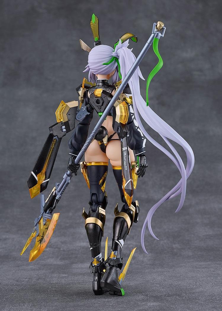 Rear view of the Silva Barrelline figma figure displaying her long ponytail, back backpack unit, tail attachment, and leg armor details.