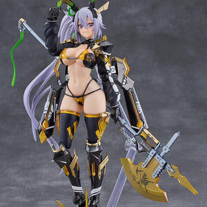 Silva Barrelline figma action figure standing on a gray background, holding a large golden halberd weapon while smiling.