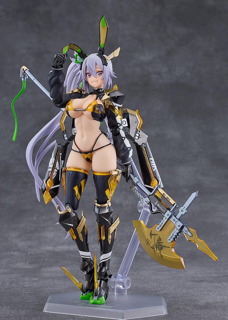 Silva Barrelline figma action figure standing on a gray background, holding a large golden halberd weapon while smiling.