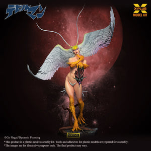 Studio shot of the Sirene model kit holding a severed demon head, showcased against a dark red moon background.