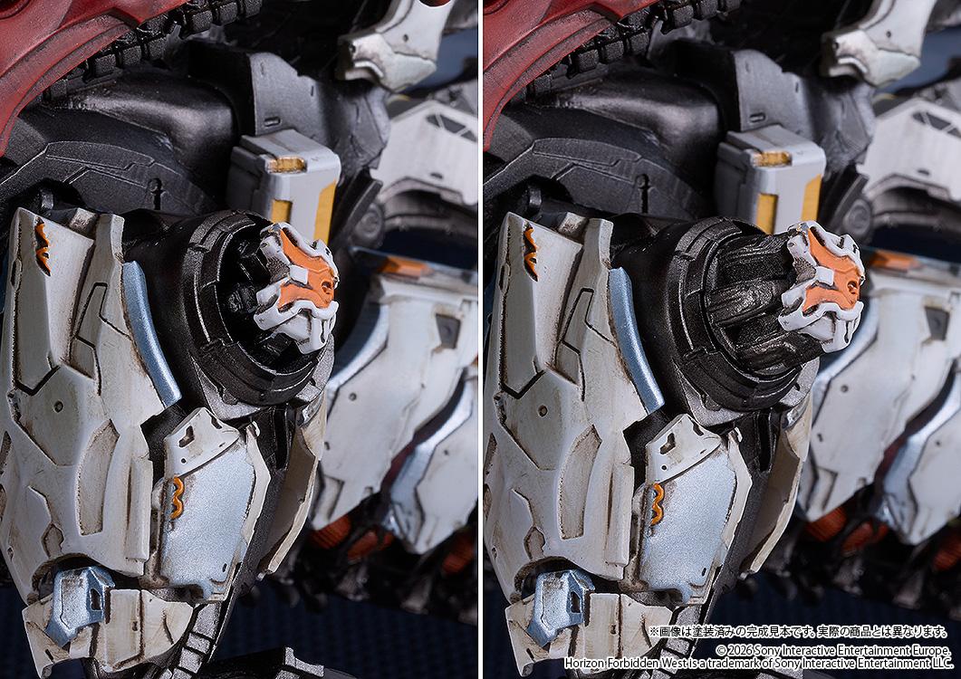 Comparison close-up of the Slaughterspine model kit's leg, demonstrating the Plasma Energizer in both retracted and deployed states.