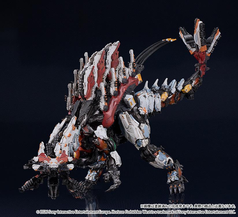 Full body shot of the Slaughterspine model kit by Good Smile Company, showcasing the articulated swinging motion of the neck and long tail.