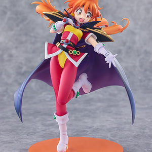 Full-body front shot of the Slayers Lina Inverse non-scale figure displayed on a round orange stand against a grey studio background.