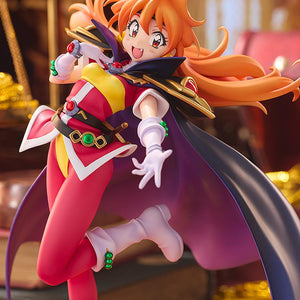 Medium lifestyle photo of the energetic Slayers Lina Inverse figure featuring gold coins and warm ambient lighting.