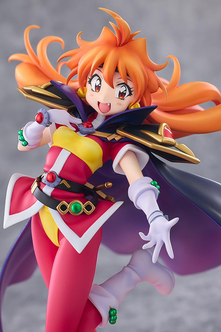 Studio close-up portrait of Lina Inverse's cheerful expression, headband, shoulder armor, and Demon's Blood Talismans.