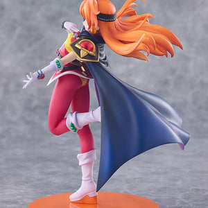 Side-angle view of the Lina Inverse figure highlighting her flowing orange hair, headband, and dark blue cape.