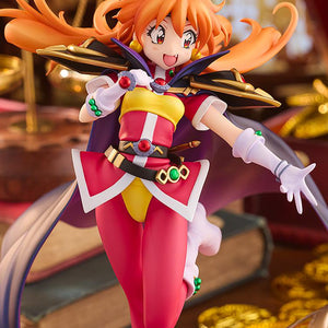Close-up details of Lina Inverse's torso, shoulder armor, waist belt gems, and enthusiastic expression in a treasure-themed setting.