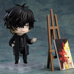 Towa Nendoroid figure gesturing beside a wooden easel and abstract painted canvas.