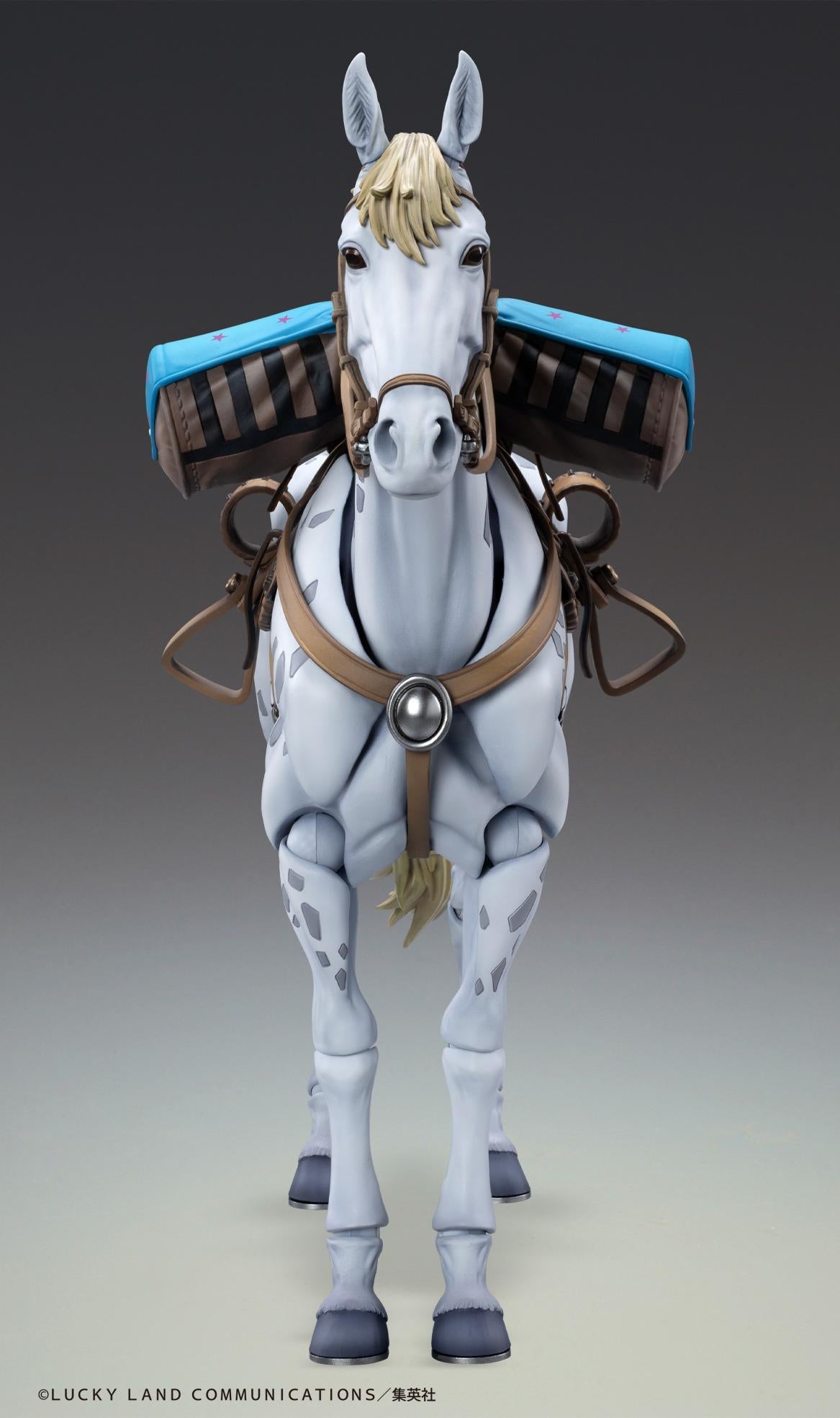 Direct head-on view of the Slow Dancer action figure highlighting the detailed bridle and blue star-patterned packs.