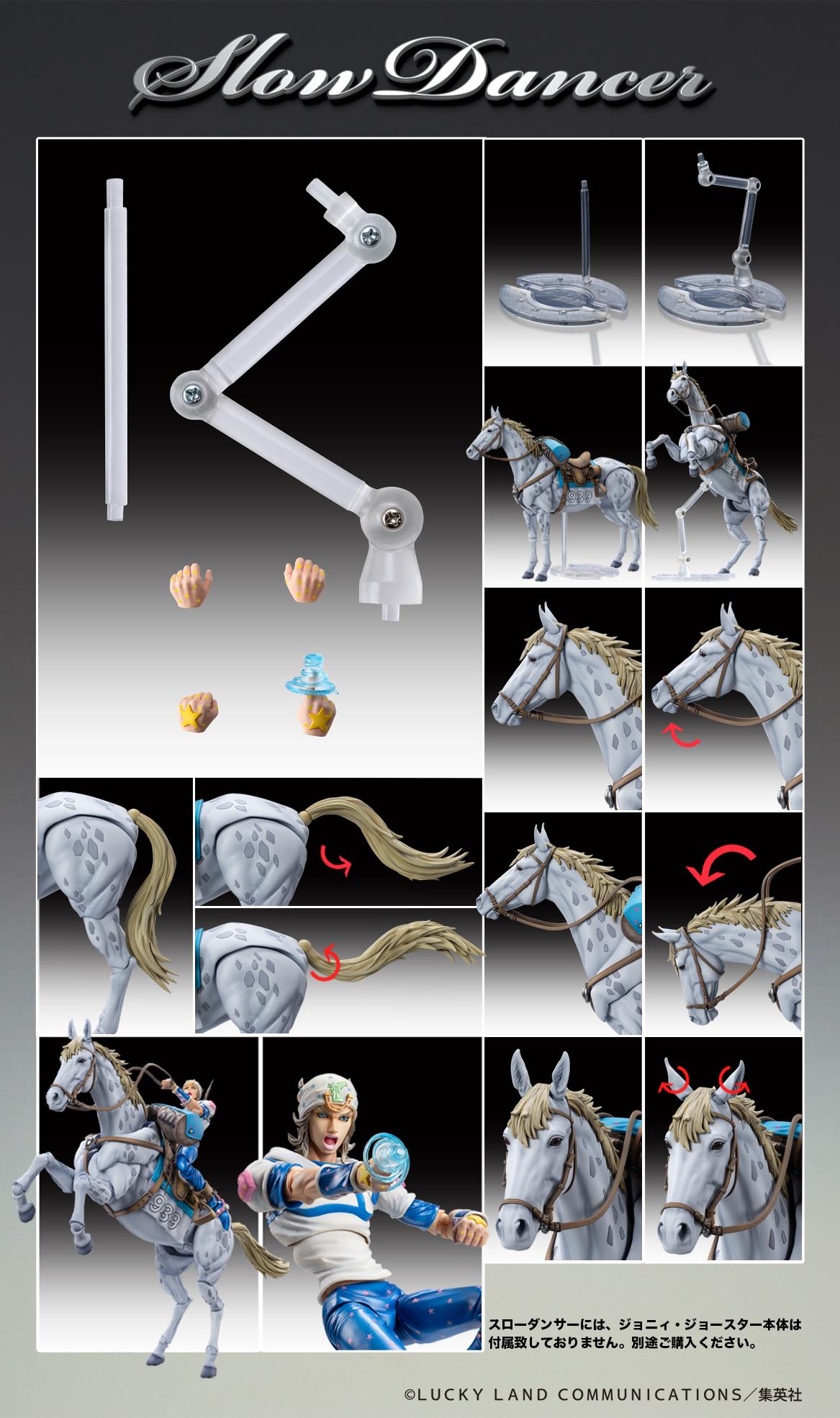 Technical breakdown of the Slow Dancer box contents including the articulated stand, spare hands, and head articulation.