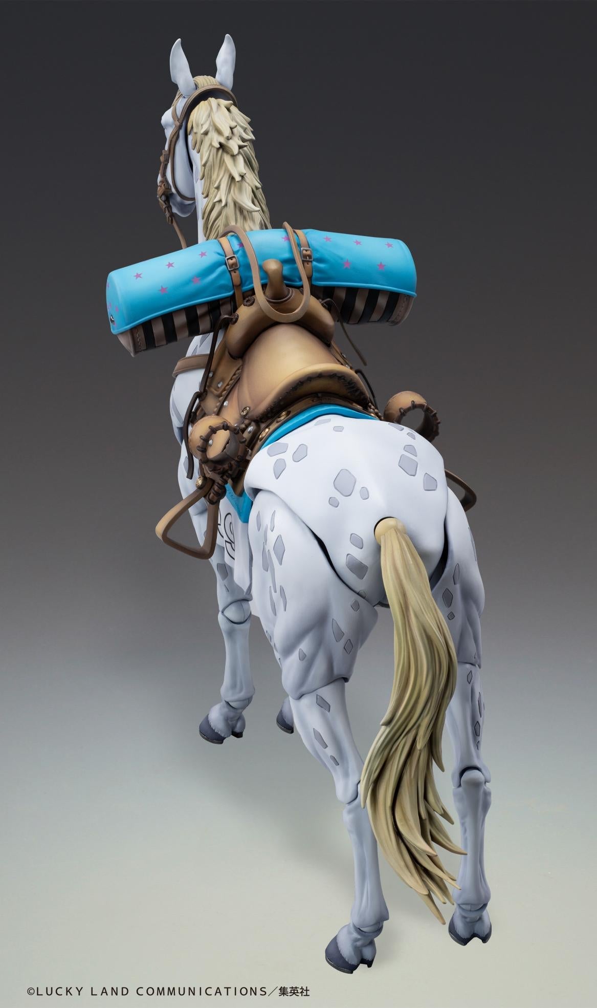 Rear perspective of the Slow Dancer horse figure showing the tail sculpt and gear storage on the saddle.