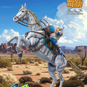 High-action shot of Slow Dancer rearing up in a desert canyon environment with Johnny Joestar in the saddle.