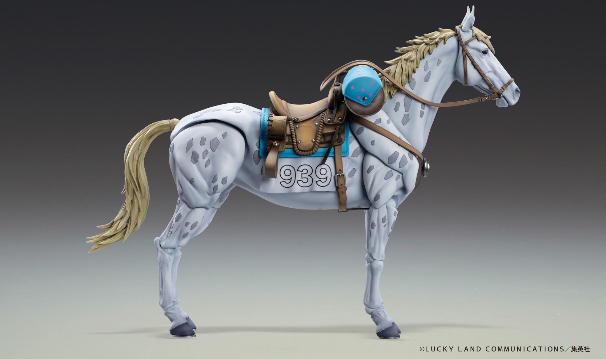 Right side profile of the white spotted horse figure Slow Dancer, showcasing the realistic muscle sculpt and saddle detail.