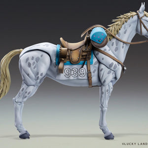 Right side profile of the white spotted horse figure Slow Dancer, showcasing the realistic muscle sculpt and saddle detail.