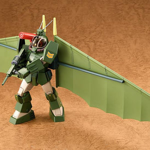 Action pose of the Soltic H8 Round Facer holding its rifle with hang glider wings deployed for flight.