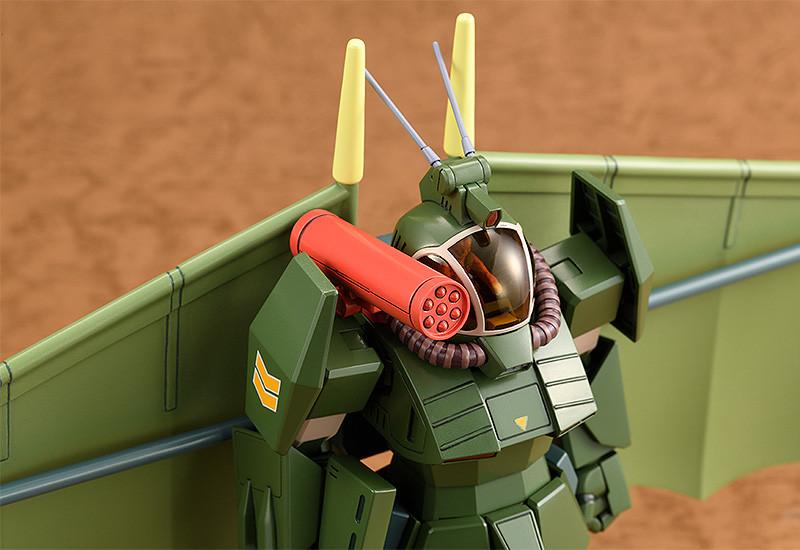 Detailed look at the shoulder-mounted missile pod and cockpit area of the Max Factory model kit.
