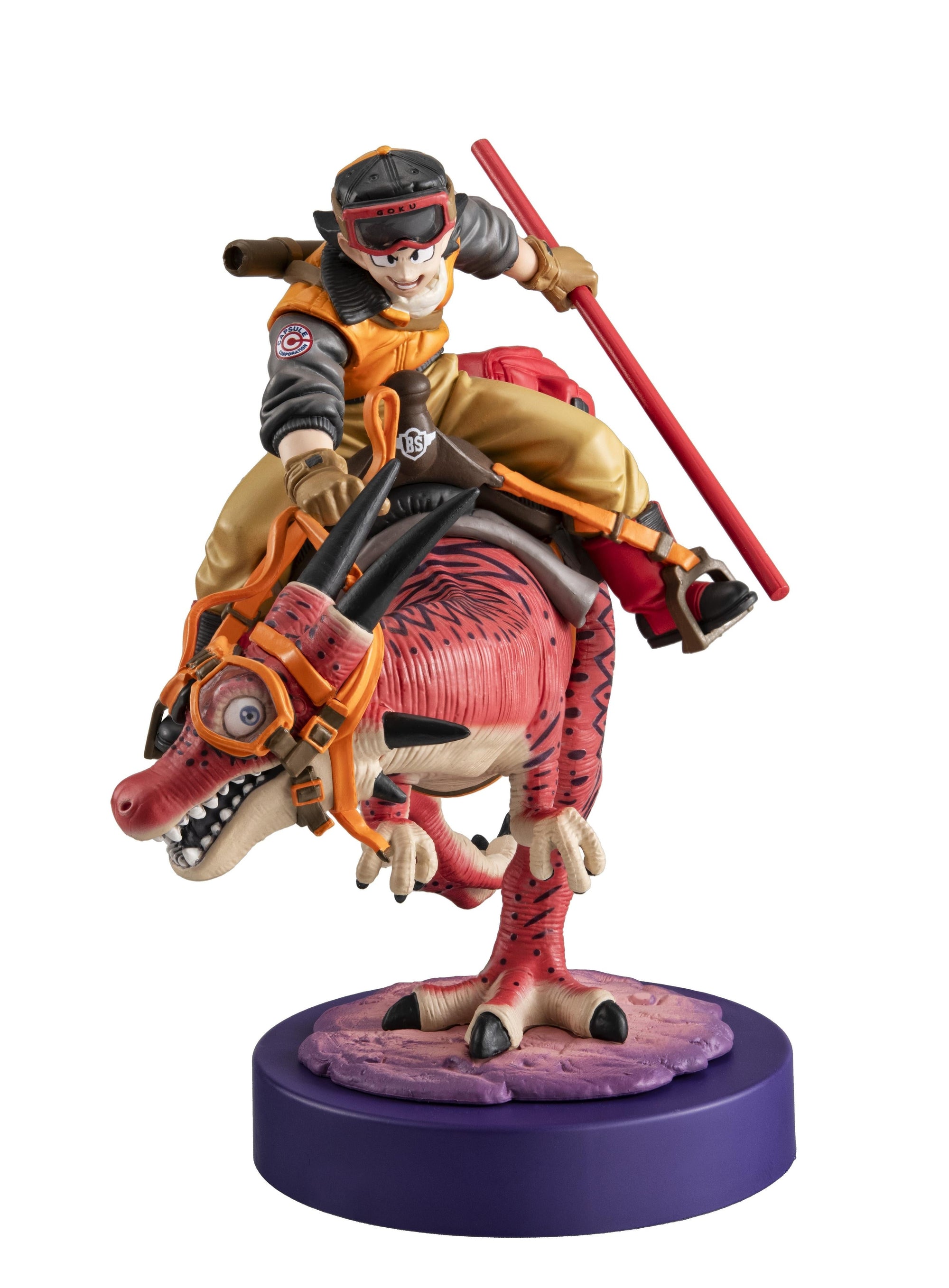 Front view of Son Goku riding a red dinosaur from Dragon Ball Z, featuring a purple display base.